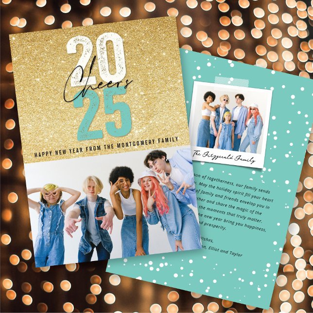 Cartes Pour Fêtes Annuelles Aqua Blue Cheers 2025 Parties scintillant Chic Nou (Aqua Blue Cheers 2025 Glitter Chic New Year Photo Holiday Card @ fat_fa_tin)