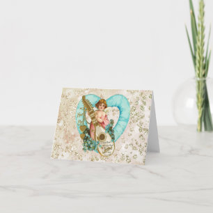 Cartes Pour Fêtes Annuelles Aqua Heart Golden Cherub & Harp Bokeh Bling