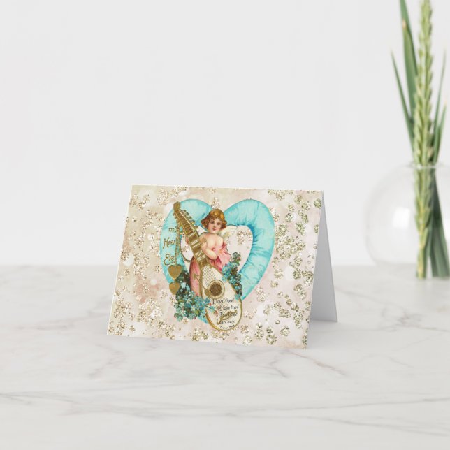 Cartes Pour Fêtes Annuelles Aqua Heart Golden Cherub & Harp Bokeh Bling (Devant)