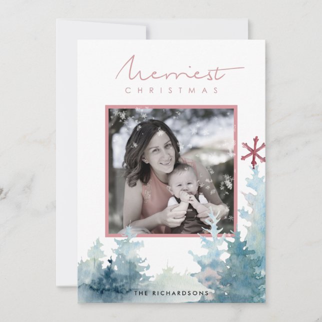 CARTES POUR FÊTES ANNUELLES AQUA PINK PINE TREE NEIGE OVERLAGE PHOTO NOËL (Devant)