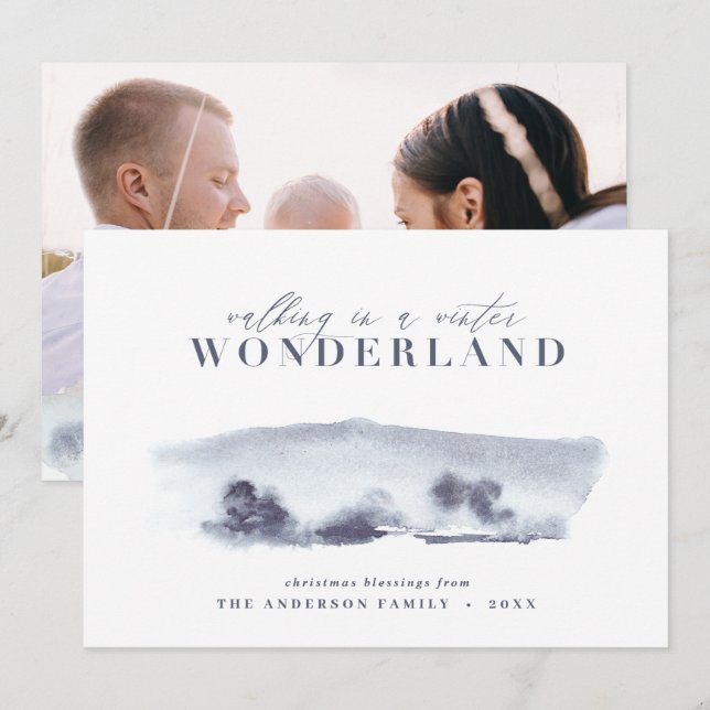 Cartes Pour Fêtes Annuelles Aquarelle abstraite bleue minimale Noël 1 photo (Devant / Derrière)