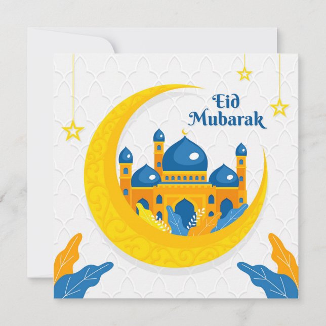 Cartes Pour Fêtes Annuelles Aquarelle Aïd Aïd Moubarak Mosquée Croissant bleu  (Devant)