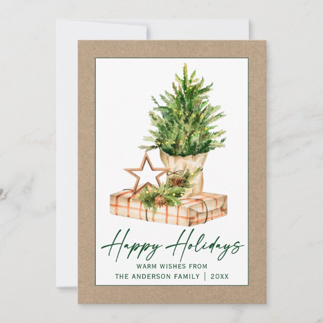 Cartes Pour Fêtes Annuelles Aquarelle Arbre calligraphie Encre Kraft Minimalis (Devant)