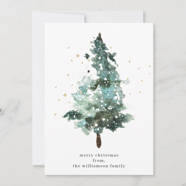 Cartes Pour Fêtes Annuelles Aquarelle Arbre de Noël avec étincelles d'or (Devant)