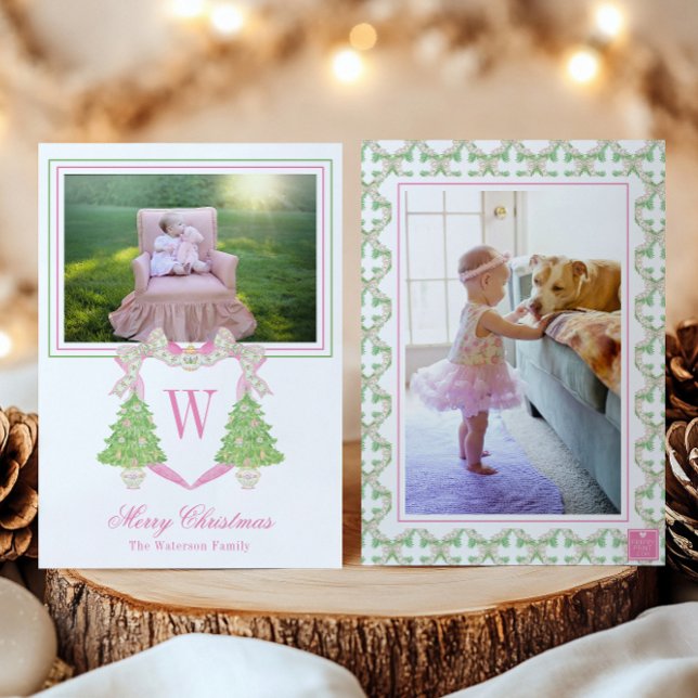 Cartes Pour Fêtes Annuelles Aquarelle Arbre de Noël Monogram Crest Photo (Créateur téléchargé)