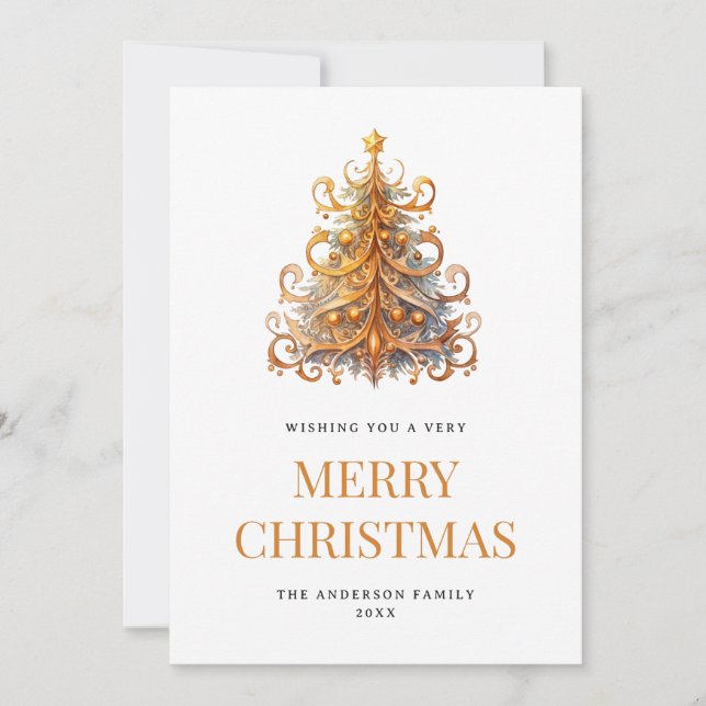 Cartes Pour Fêtes Annuelles Aquarelle Arbre de Noël Or (Devant)