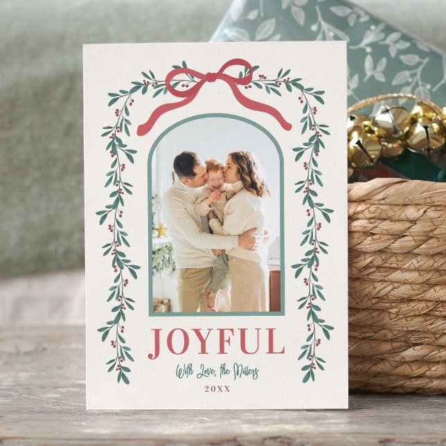 Cartes Pour Fêtes Annuelles Aquarelle Arc Garland Bow Personnalisé Sentiment P (Watercolor Arch Garland Photo Holiday Card Custom Sentiment Classic Traditional Personalized Family)