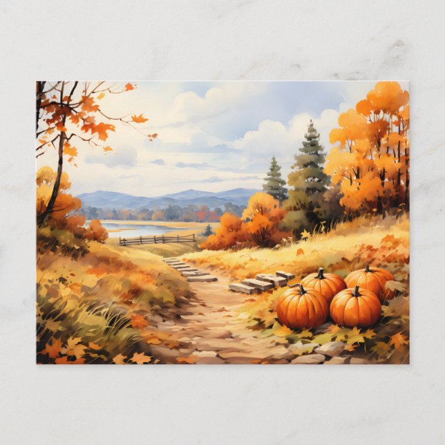 Cartes Pour Fêtes Annuelles Aquarelle Automne Citrouille de route en chute Feu (Devant)