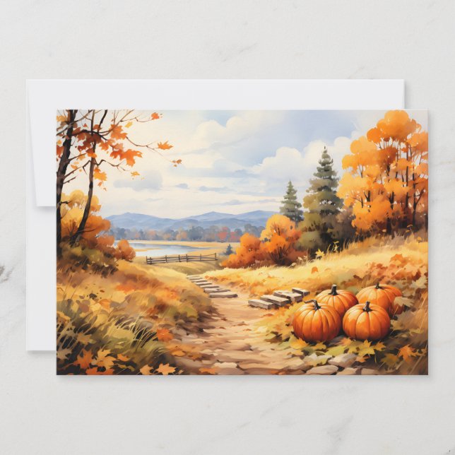Cartes Pour Fêtes Annuelles Aquarelle Automne Citrouille de route en chute Feu (Devant)