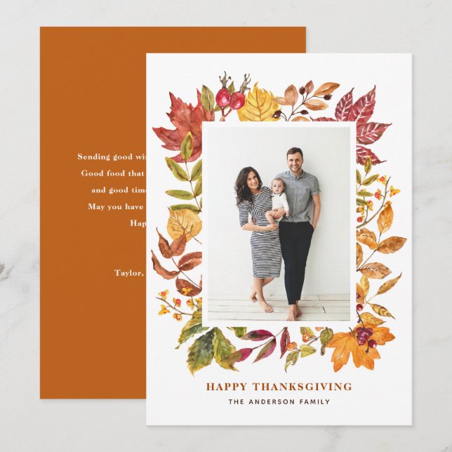 Cartes Pour Fêtes Annuelles Aquarelle Automne Feuilles Cadre Thanksgiving Phot (Devant / Derrière)