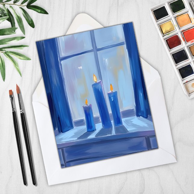 Cartes Pour Fêtes Annuelles Aquarelle aux bougies Hanoukka Bleues (Créateur téléchargé)