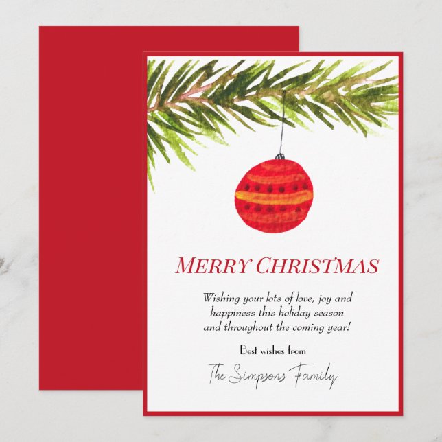 Cartes Pour Fêtes Annuelles Aquarelle Bauble sapin de Noël Joyeux et lumineux (Devant / Derrière)