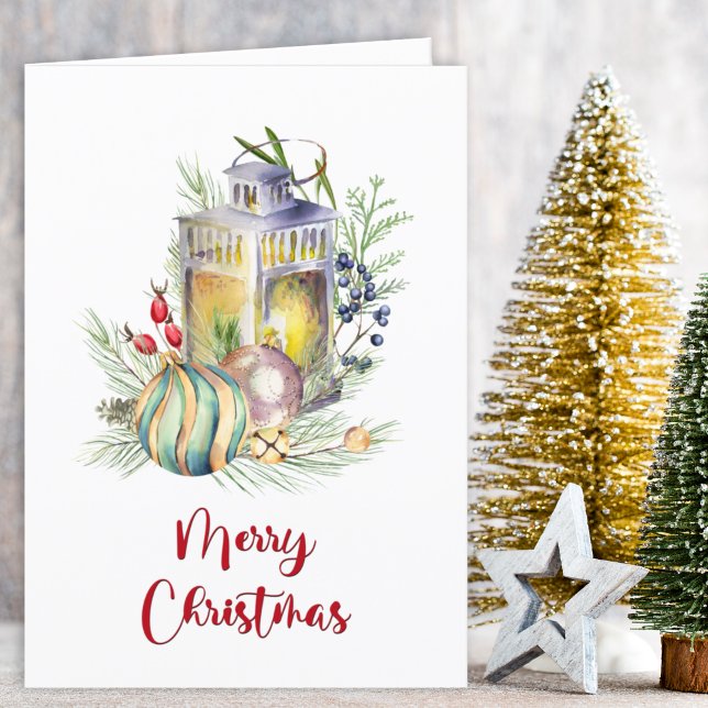 Cartes Pour Fêtes Annuelles Aquarelle Baubles et voeux de Noël lanterne (Créateur téléchargé)