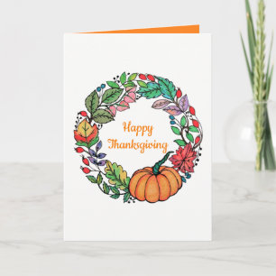 Cartes Pour Fêtes Annuelles Aquarelle Belle couronne Citrouille avec feuille