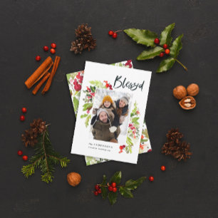 Cartes Pour Fêtes Annuelles Aquarelle bénie feuillage 1 photo noël rouge