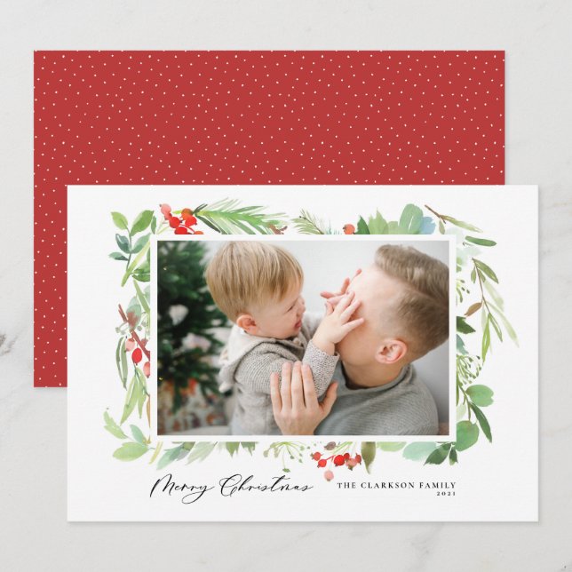 Cartes Pour Fêtes Annuelles Aquarelle Berries Cadre verdoyant Joyeux Noël (Devant / Derrière)