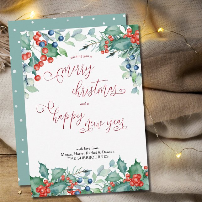 Cartes Pour Fêtes Annuelles Aquarelle Berries d'hiver Holly Calligraphie (Créateur téléchargé)