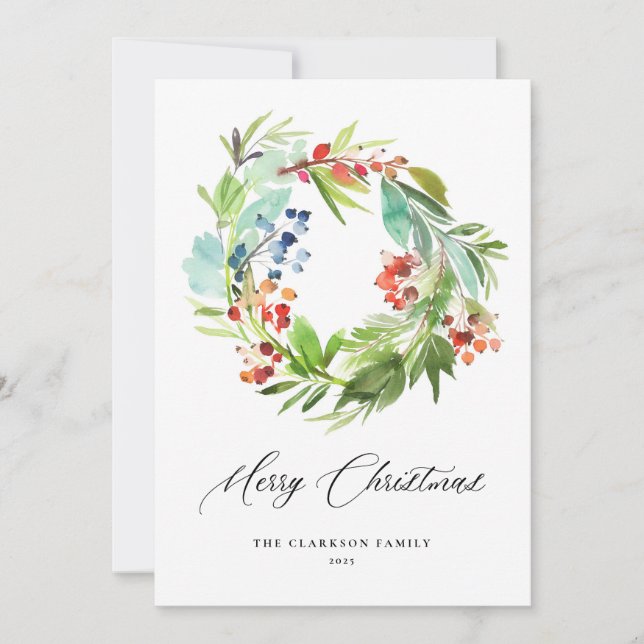 Cartes Pour Fêtes Annuelles Aquarelle Berries verdure Wreath Joyeux Noël (Devant)