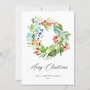 Cartes Pour Fêtes Annuelles Aquarelle Berries verdure Wreath Joyeux Noël