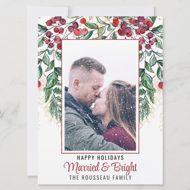 Cartes Pour Fêtes Annuelles Aquarelle Berry À feuillage persistant Marié & Bri (Devant)