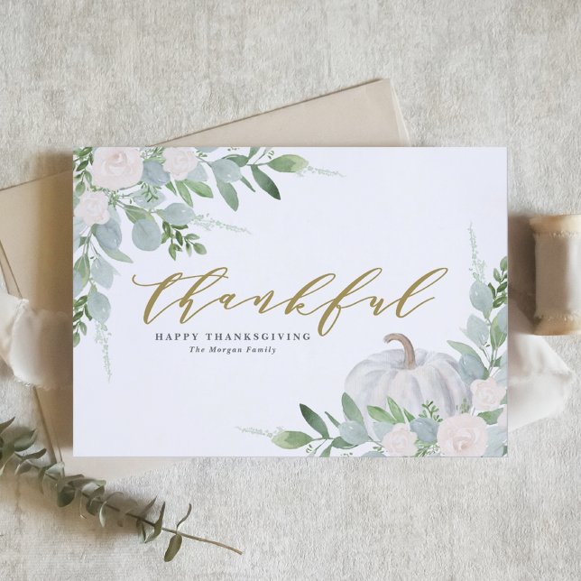 Cartes Pour Fêtes Annuelles Aquarelle Blanc Citrouille et vert Thanksgiving (Créateur téléchargé)