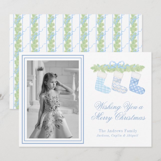 Cartes Pour Fêtes Annuelles Aquarelle Bleu & Blanc Noël Stockage photo (Devant / Derrière)