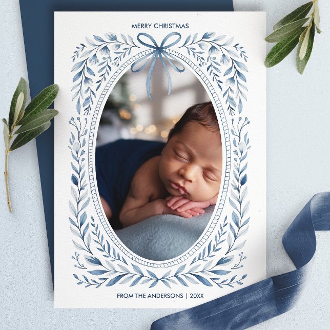 Cartes Pour Fêtes Annuelles Aquarelle Bleu Bow Botanique Ovale Photo Noël (Créateur téléchargé)