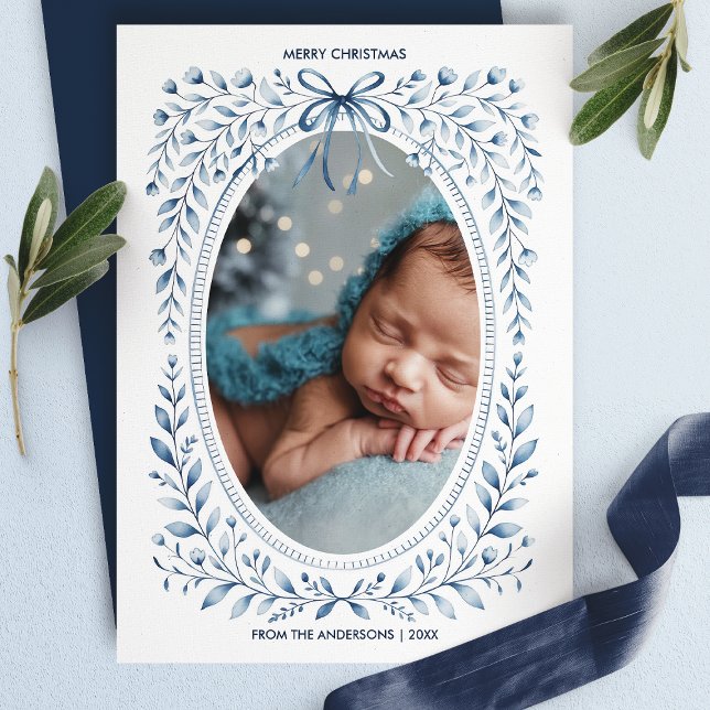Cartes Pour Fêtes Annuelles Aquarelle bleu Bow Floral Oval Photo Noël (Créateur téléchargé)