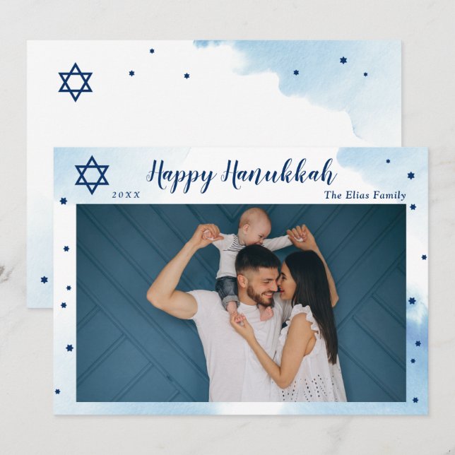 Cartes Pour Fêtes Annuelles Aquarelle Bleu Classique Or Bonne Photo Hanoukka (Devant / Derrière)