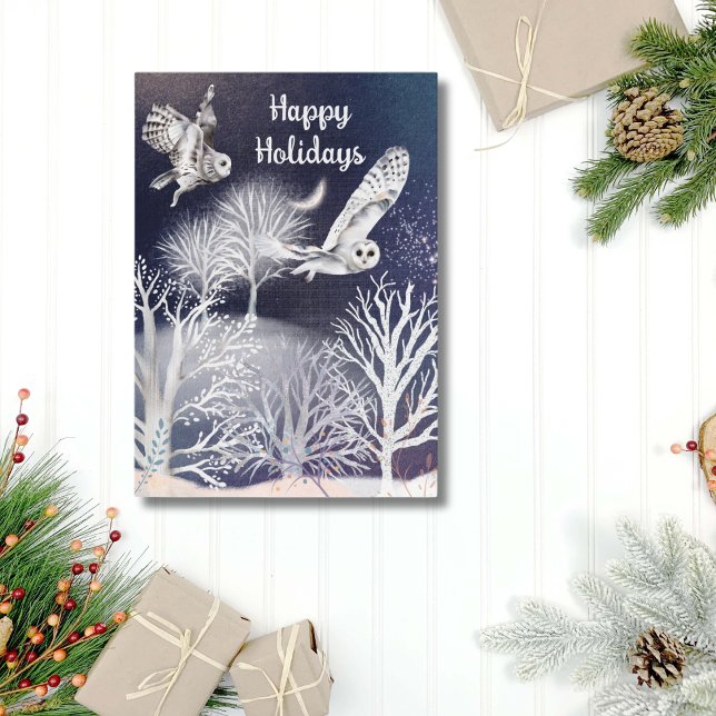 Cartes Pour Fêtes Annuelles Aquarelle Bleu et blanc Chouette neige arbres Noël (Watercolor Owls and Trees Blue and White Christmas Card)