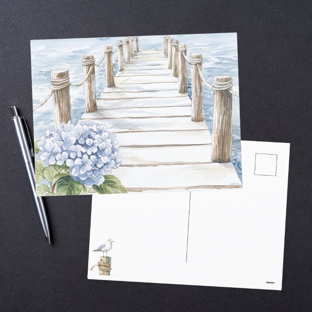 Cartes Pour Fêtes Annuelles Aquarelle Bleu Hydrangea Quai Côtier (Créateur téléchargé)