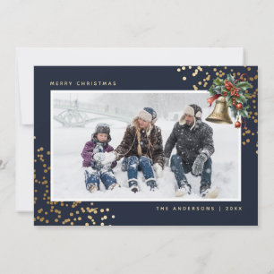 Cartes Pour Fêtes Annuelles Aquarelle bleu or Holly Bell Photo