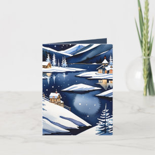Cartes Pour Fêtes Annuelles Aquarelle bleue Lakeside nordique Noël plié