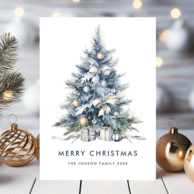 Cartes Pour Fêtes Annuelles Aquarelle Bohême Neutre Bleu Arbre de Noël (Créateur téléchargé)