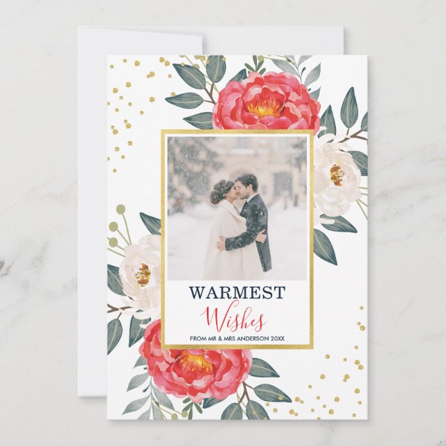 Cartes Pour Fêtes Annuelles Aquarelle botanique florale / Rouge, Blanc & Or (Devant)