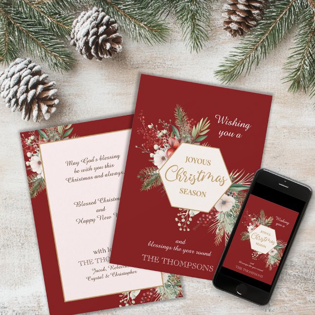 Cartes Pour Fêtes Annuelles Aquarelle Botanique Noël Nom personnalisé Rouge (Créateur téléchargé)