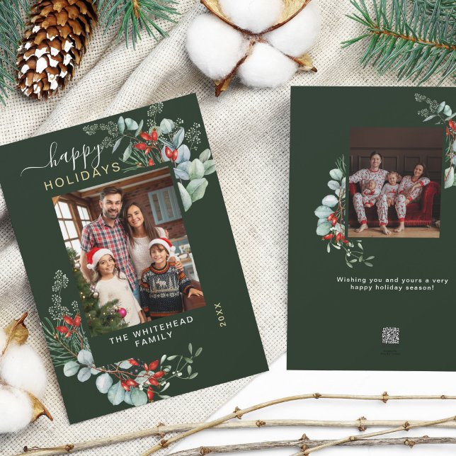 Cartes Pour Fêtes Annuelles Aquarelle Botanique Verdure Photo Forêt verte (You will love these beautiful Christmas cards! They feature botanical watercolor pine and berries.)