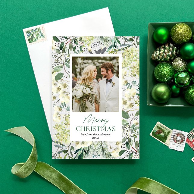 Cartes Pour Fêtes Annuelles Aquarelle Botaniques d'hiver 1 cadre photo (Pretty watercolor winter botanical Christmas Card by Erika Firm)