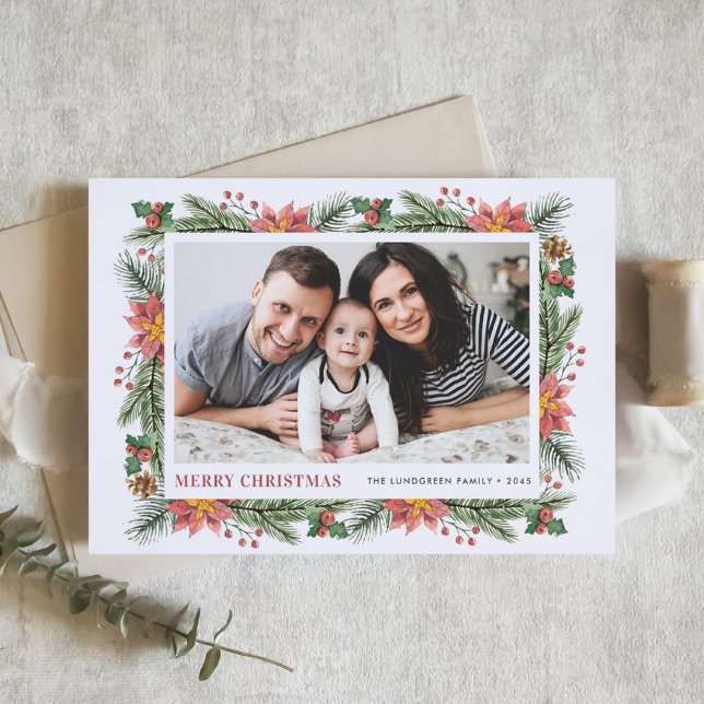Cartes Pour Fêtes Annuelles Aquarelle Botaniques d'hiver Joyeux Noël Photo (Customizable Photo Christmas Card Featuring Watercolor Pine Needles, Pine Cones and Poinsettia)