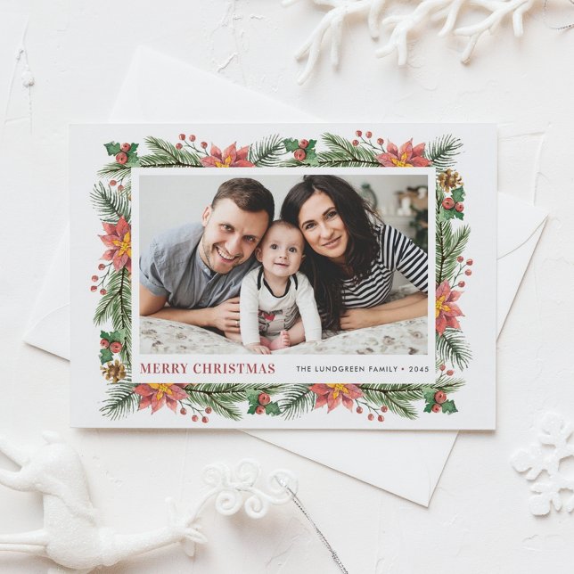 Cartes Pour Fêtes Annuelles Aquarelle Botaniques d'hiver Joyeux Noël Photo (Customizable Photo Christmas Postcard Featuring Watercolor Pine Needles, Pine Cones and Poinsettia)