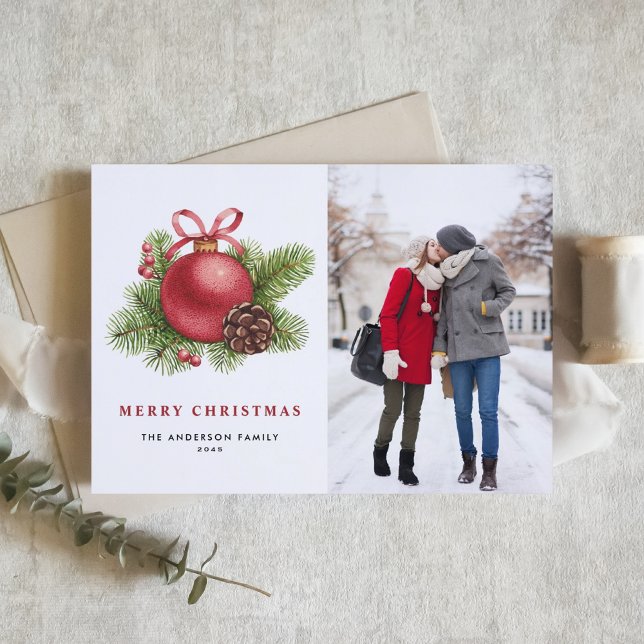 Cartes Pour Fêtes Annuelles Aquarelle Boule rouge ornement photo Noël (Créateur téléchargé)