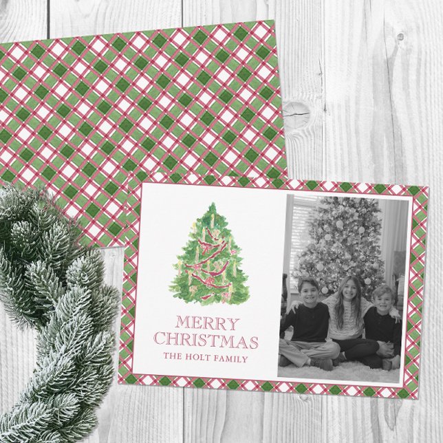 Cartes Pour Fêtes Annuelles Aquarelle Bourgogne Plaid Christmas Tree Photo (Créateur téléchargé)