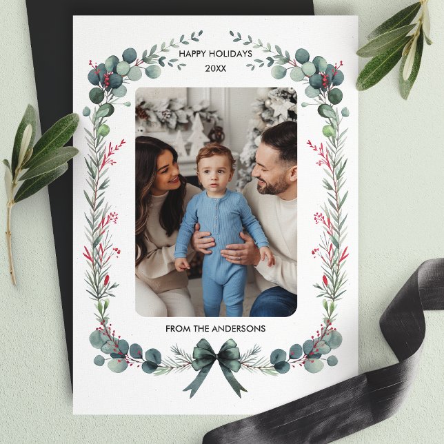 Cartes Pour Fêtes Annuelles Aquarelle Bow verte Botanique Photo de Noël (Créateur téléchargé)