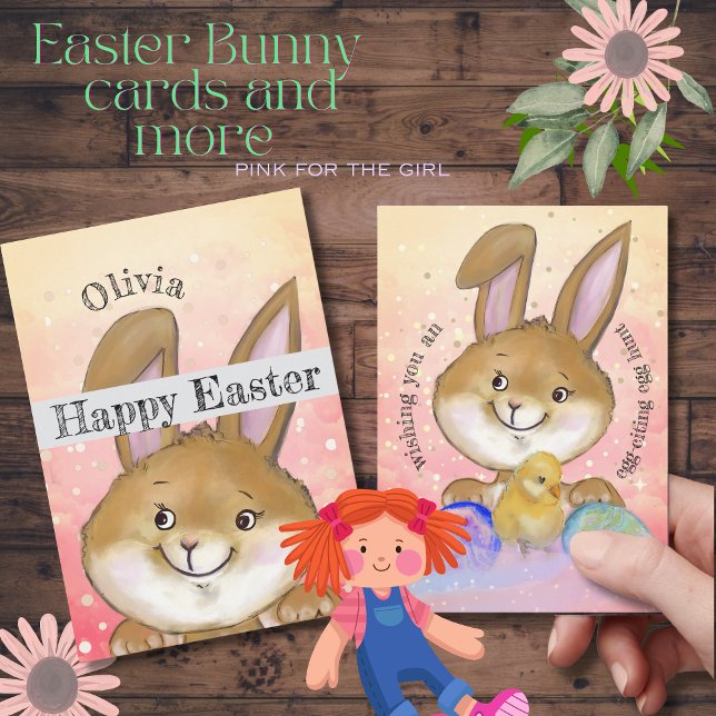 Cartes Pour Fêtes Annuelles Aquarelle Bunny Pâques Enfants Rose (Watercolor Easter Bunny Kids Pink Holiday Card )