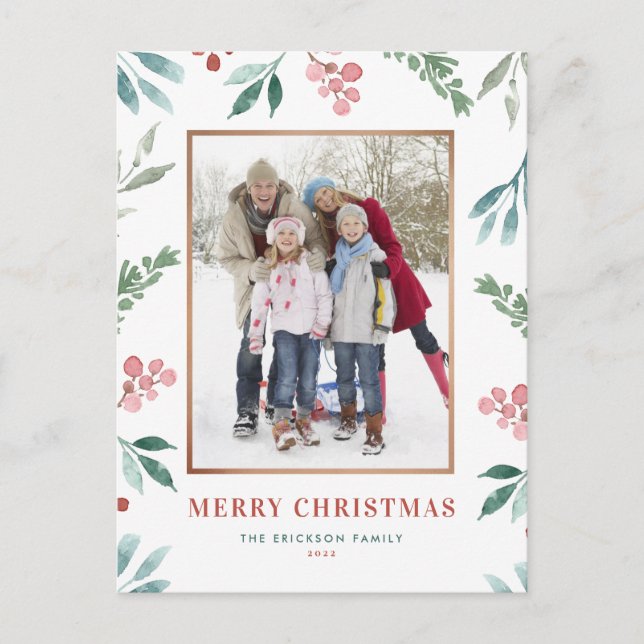 Cartes Pour Fêtes Annuelles Aquarelle Cadre vert Photo Joyeux Noël (Devant)