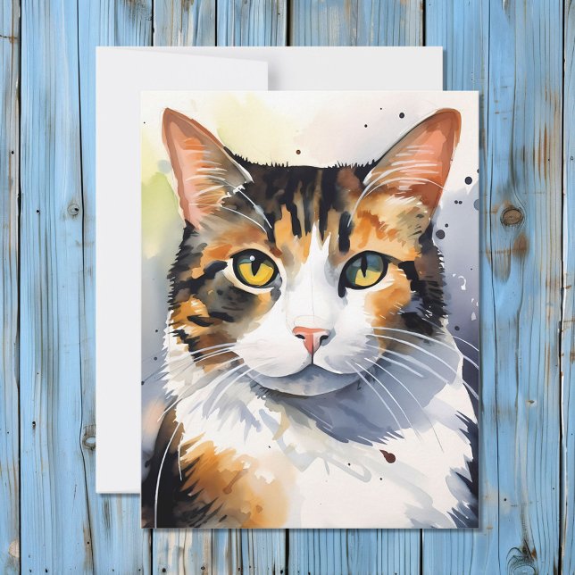 Cartes Pour Fêtes Annuelles Aquarelle Calico Portrait de chat (Créateur téléchargé)