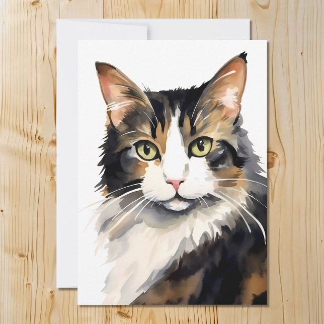 Cartes Pour Fêtes Annuelles Aquarelle Calico Portrait de chat (Créateur téléchargé)