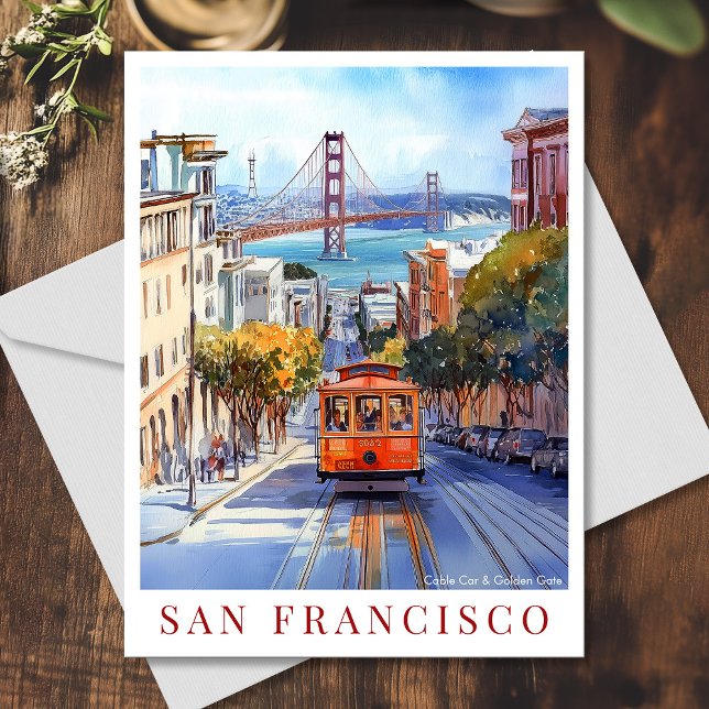 Cartes Pour Fêtes Annuelles Aquarelle California San Francisco Golden Gate (Watercolor San Francisco Cable Car and Golden Gate Holiday Postcard)