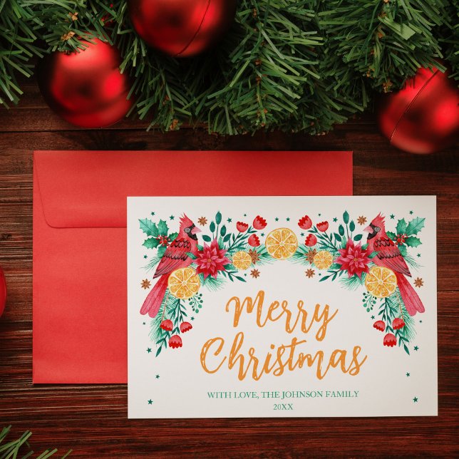 Cartes Pour Fêtes Annuelles Aquarelle Cardinal Oiseaux et botaniques de Noël (Watercolor Cardinal Birds and Christmas Botanicals Holiday Card)