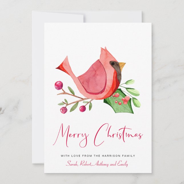 Cartes Pour Fêtes Annuelles Aquarelle cardinale rouge photo Joyeux Noël (Devant)